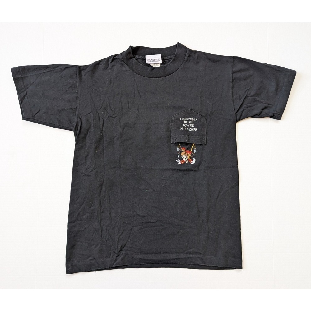 Vintage Disney World Kids Large Tower of Terror Pocket Tee Shirt Black 90s